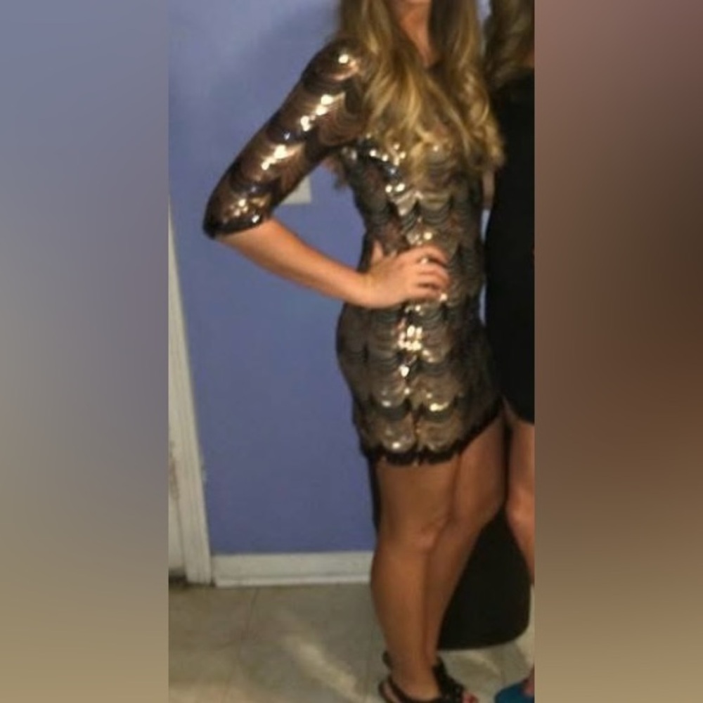 Black, Gold, Light Gild  Sequin Scoop Neck Mini Fitted Dress